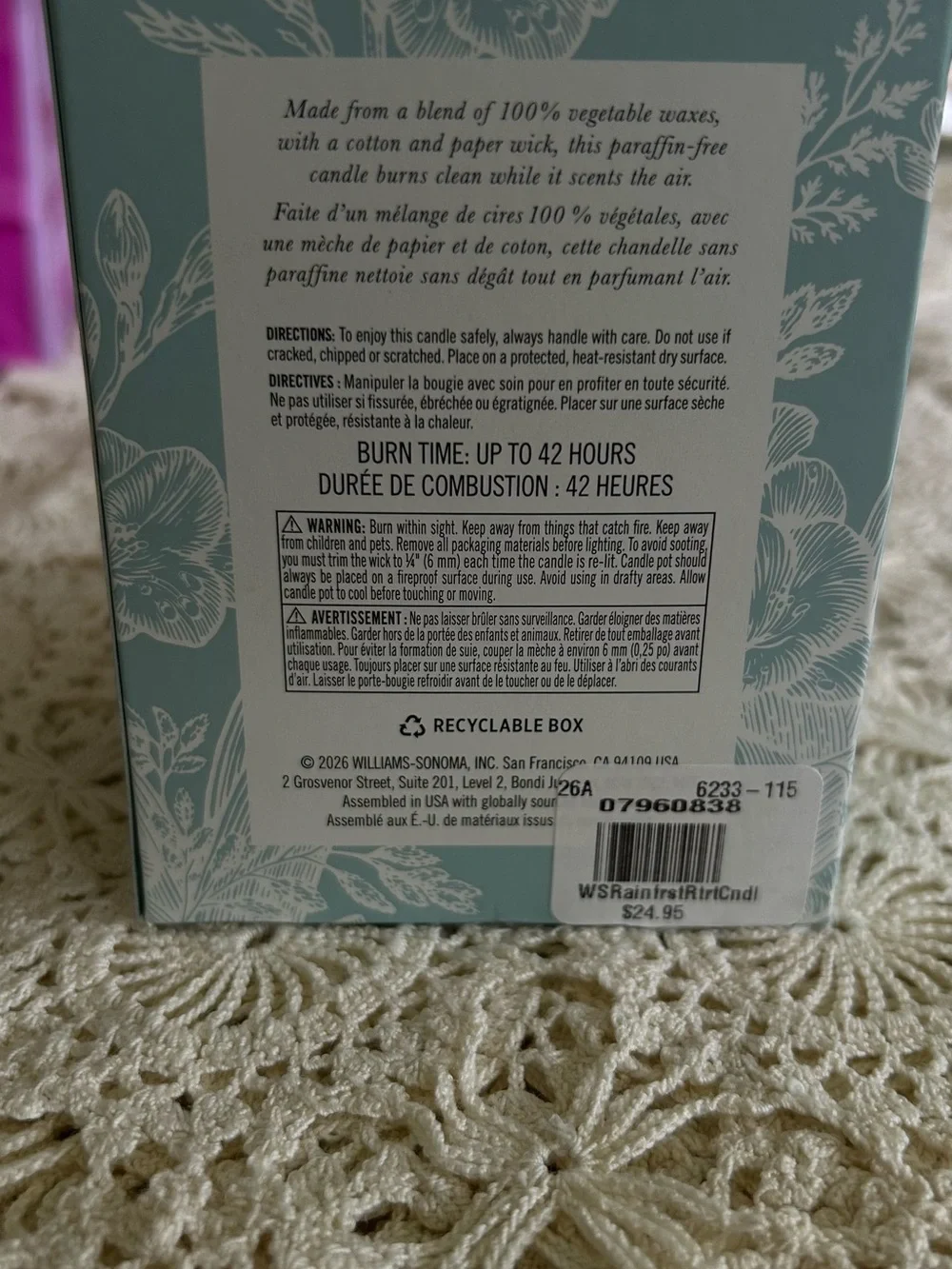 Williams Sonoma Rainforest Retreat Scented Candle - Aqua Blue